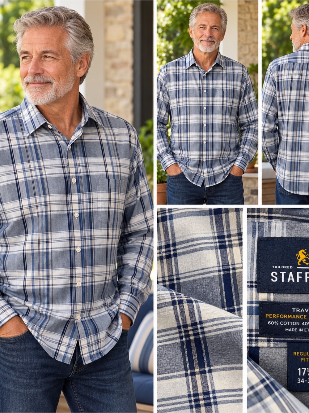 Stafford Men’s Blue Plaid Long-Sleeve Button-Down Shirt